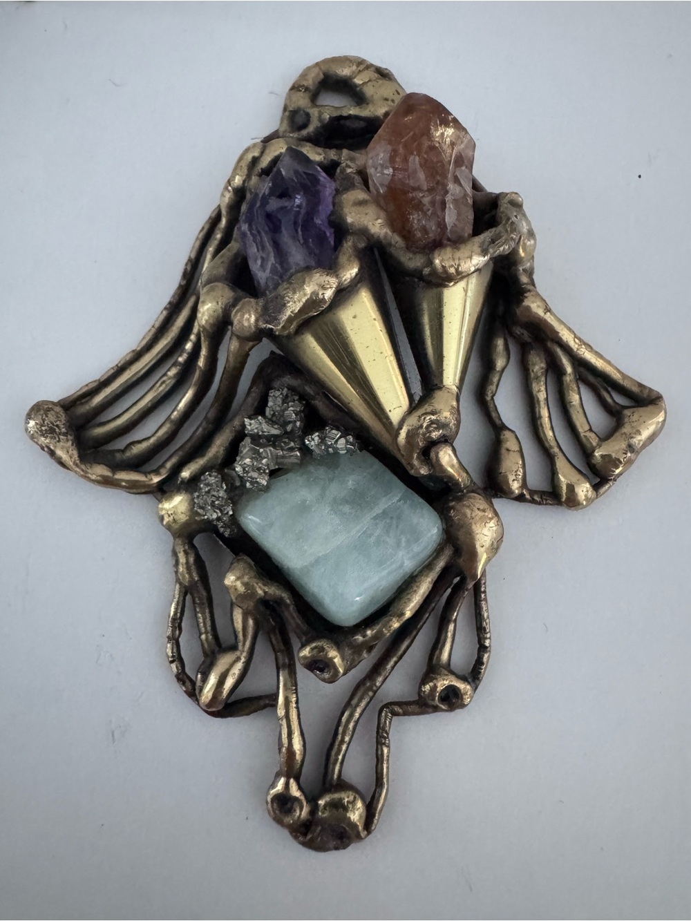 Vtg Brutalist Modernist Necklace Pendant Carvalhu Copa Amethyst Aquamarine Gems